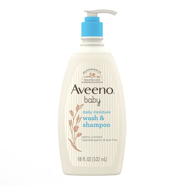 Aveeno Baby Daily Moisture Body Wash & Shampoo with Oat Extract, Hypoallergenic, Tear-Free, No Added Parabens, pH-Balanced Formula for Sensitive Hair & Skin, Baby Essentials, 18 fl oz/532ml