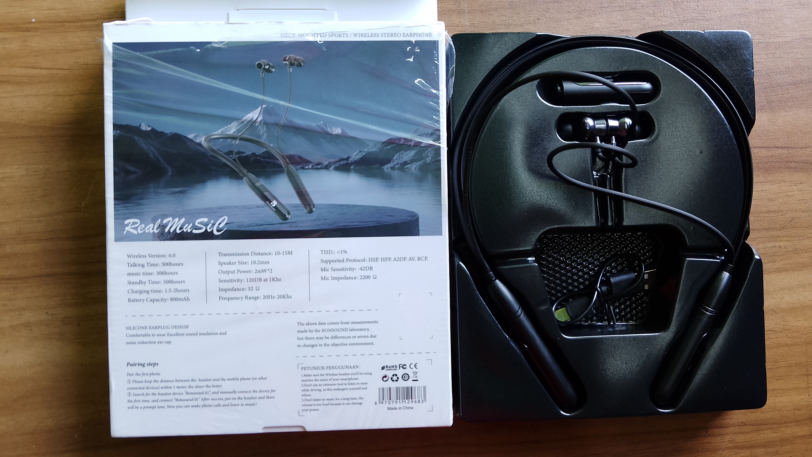Real MusiCWireless Version:6.0Transmission Distance:10-15MTHD.:<1%Talking Time:300hoursSpeaker Size:10.2mmSupported Protocol:HSP.HFP.A2DP.AV.RCP.music time:300hoursOutput Power:2mW*2Mic Sensitivity:-42DBStandby Time:500hoursSensitivity:120DB at 1KhzMic...